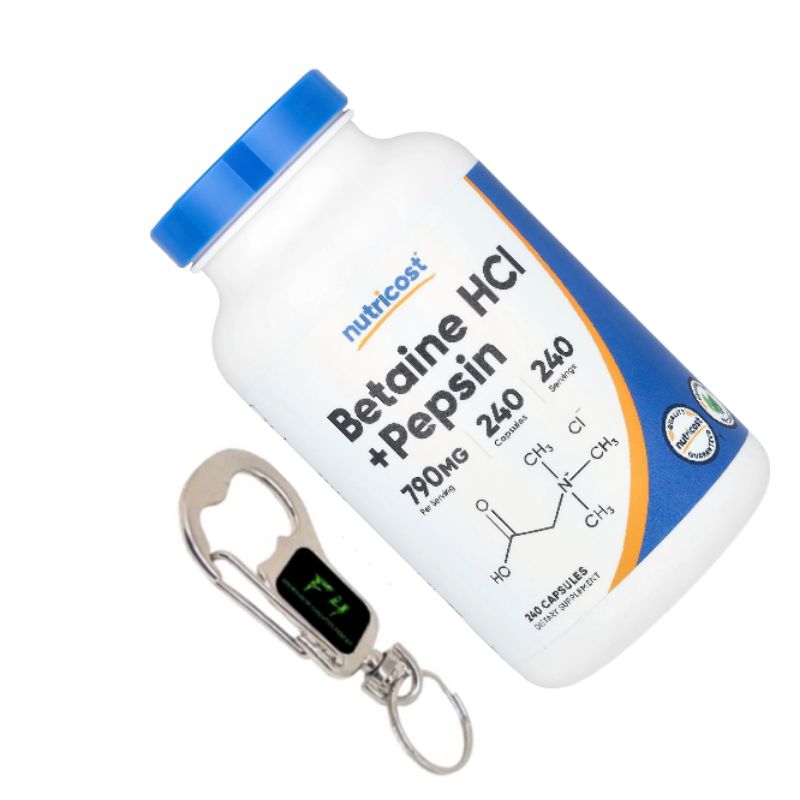 Chaveiro Mosquetão e Betaína HCL com Pepsina Nutricost 240 cápsulas de 790 mg