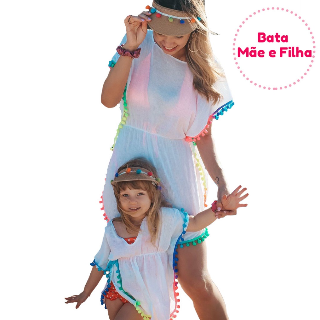 Saída De Praia Mãe E Filha / Bata Pompom Verão