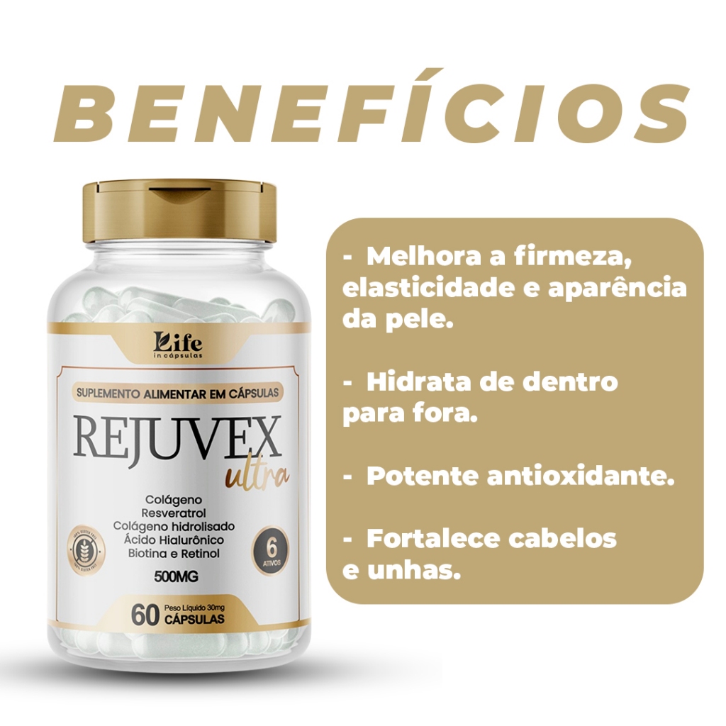 Rejuvex Ultra - 60 Capsulas - Colágeno + Ácido Hialurônico | Pele Firme e Saudável