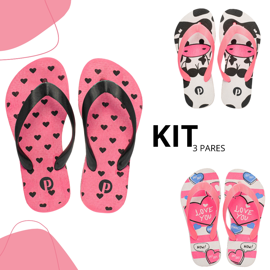 Kit Chinelo Feminino Infantil Estampado Macio Antiderrapante