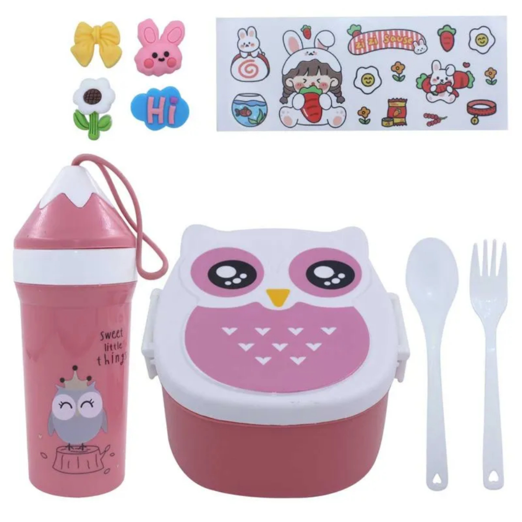Kit Lancheira C/ Divisória Infantil Marmita Coruja com talher e Garrafa 300ml + adesivos