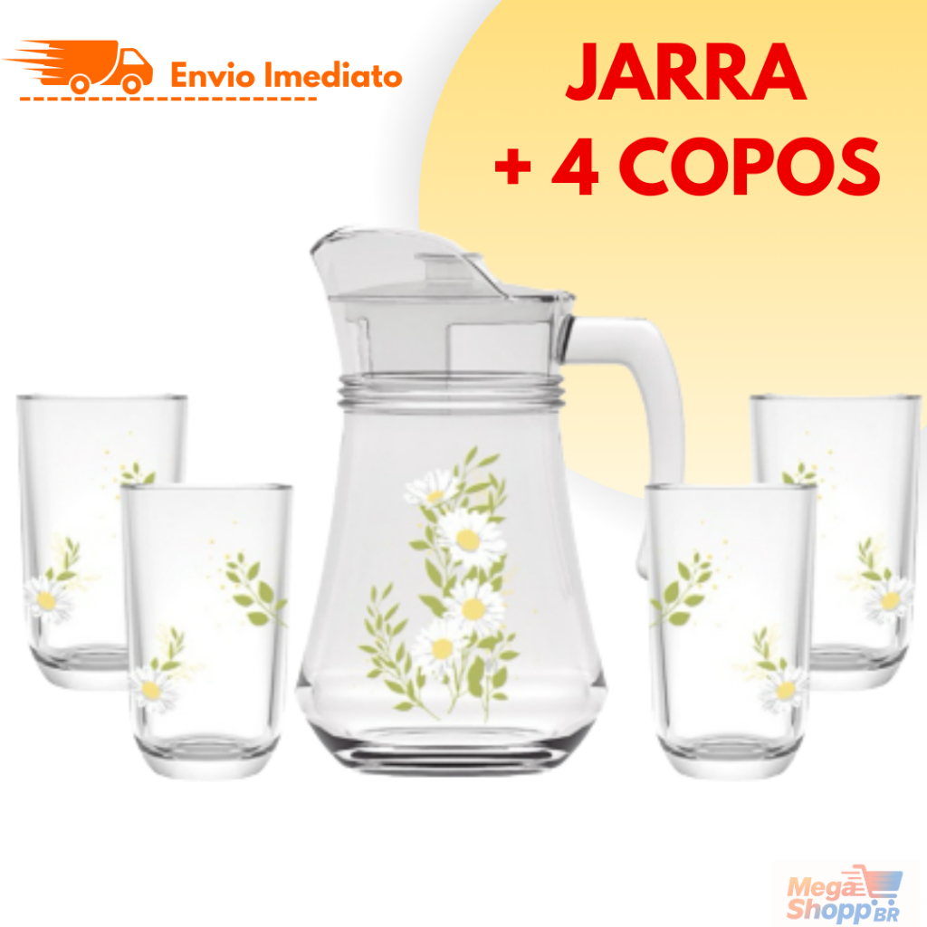 Jarra 1,35 Litros Com Tampa + 4 Copos de Vidro Resistente 3 Modelos Disponíveis Elegante Presente em Oferta na Shopee