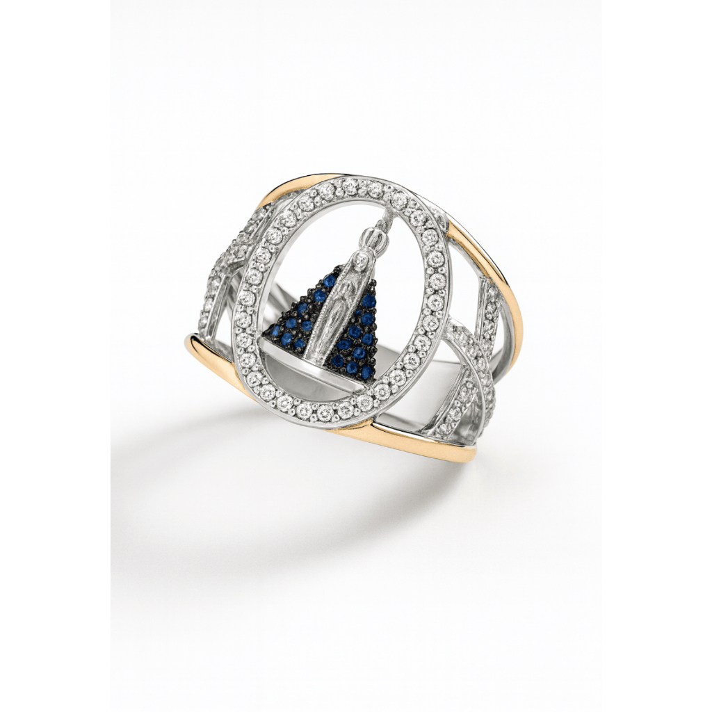 Anel Nossa Senhora Aparecida Prata 925  C/ Filete De Ouro feminino
