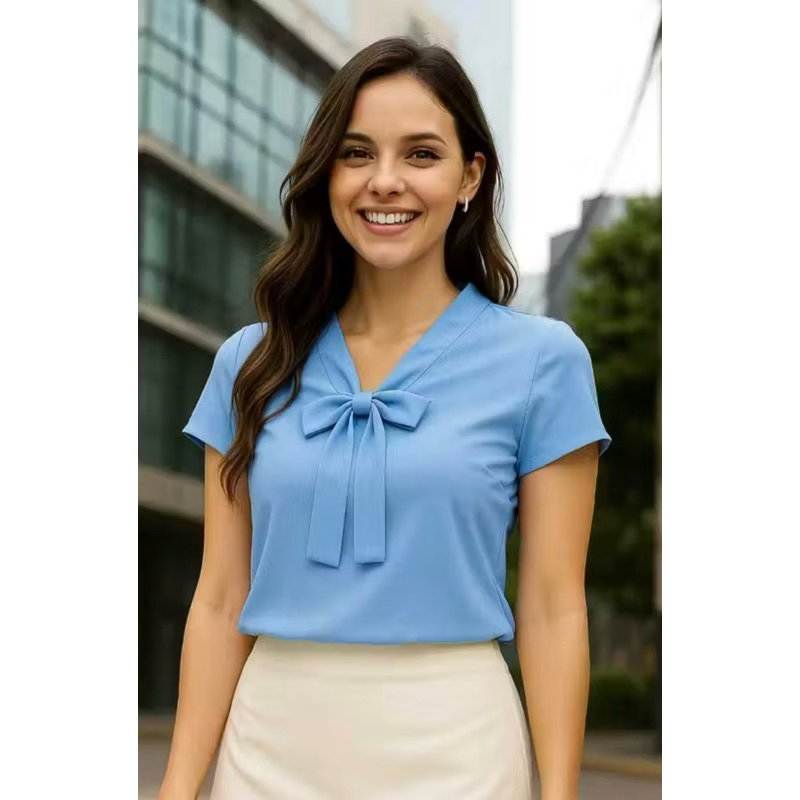 Blusa Feminina Social com Laço Frontal Manga Curta Elegante Casual plus zise em Oferta na Shopee