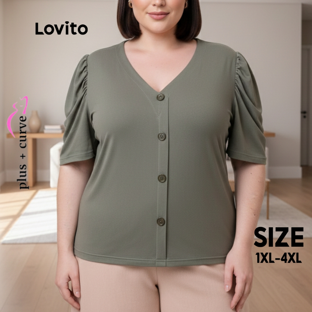 Lovito Blusa Plus Size Feminina Casual Botão Frente LB331BRL360