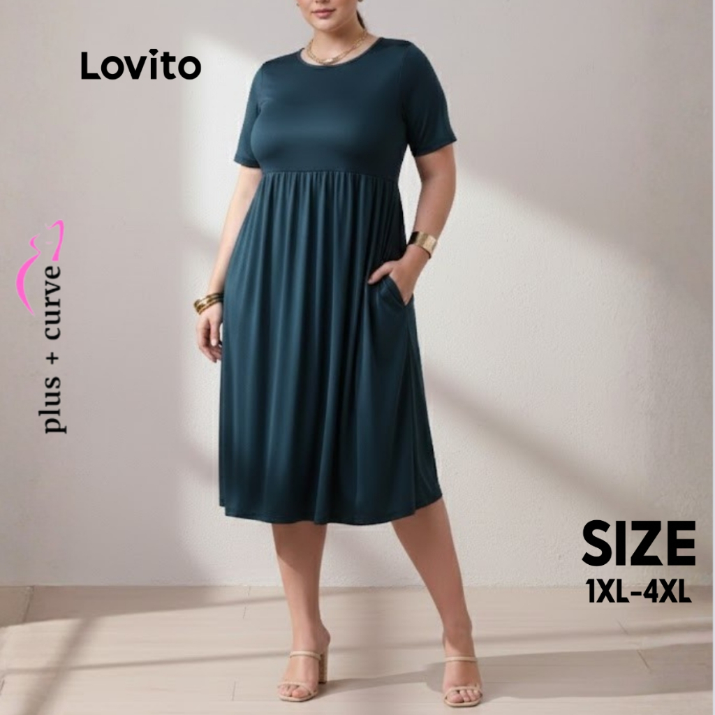 Lovito Vestido Midi Plus Size Feminino com Bolsos LB290BRL319 em Oferta na Shopee