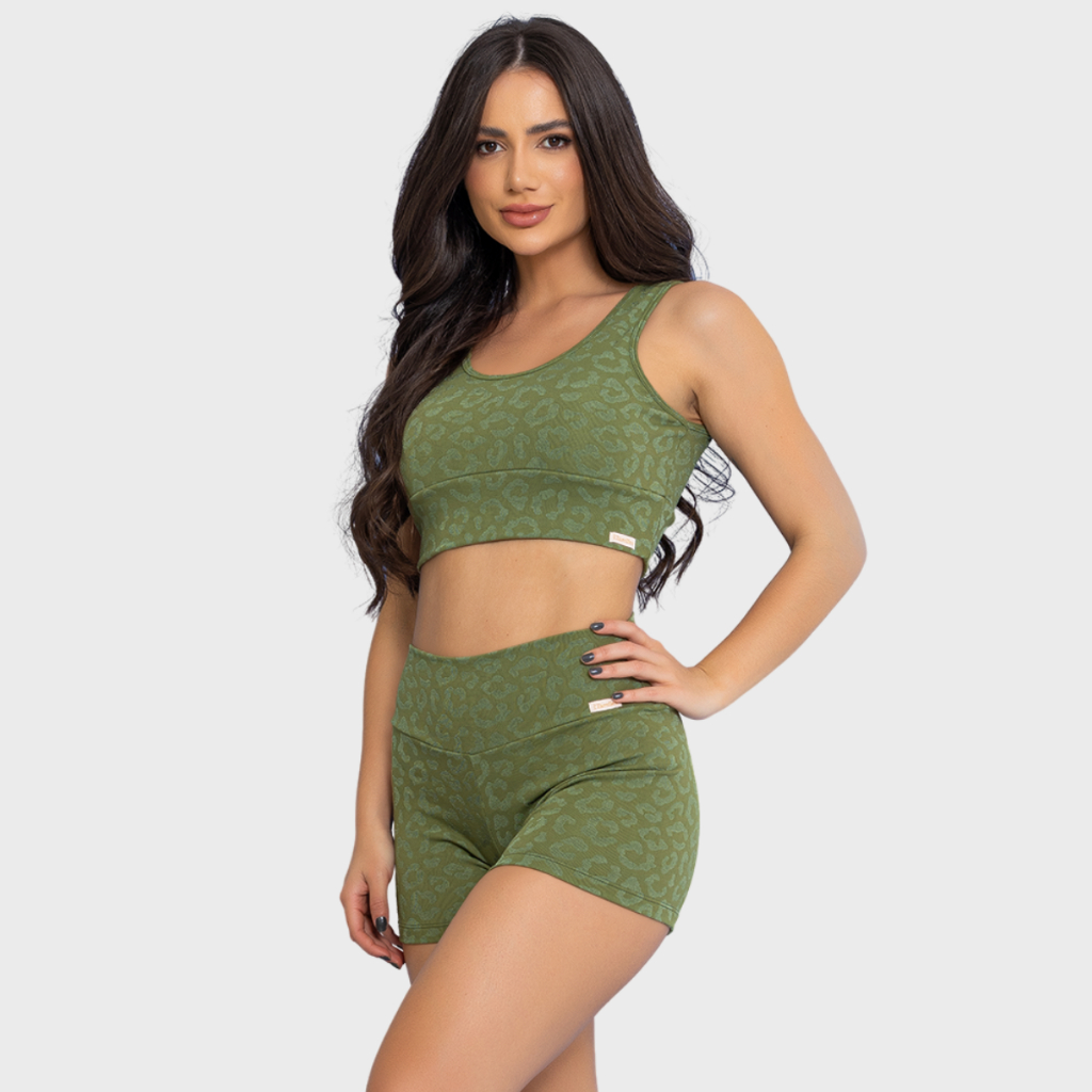 Conjunto Fitness Feminino Top Short Poliamida Oncinha Zero Transparência Academia Tarelles