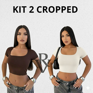Kit 2 Cropped Decote Quadrado Feminino Manga Curta Básico Academia Dia A Dia Básica Suplex em Oferta na Shopee
