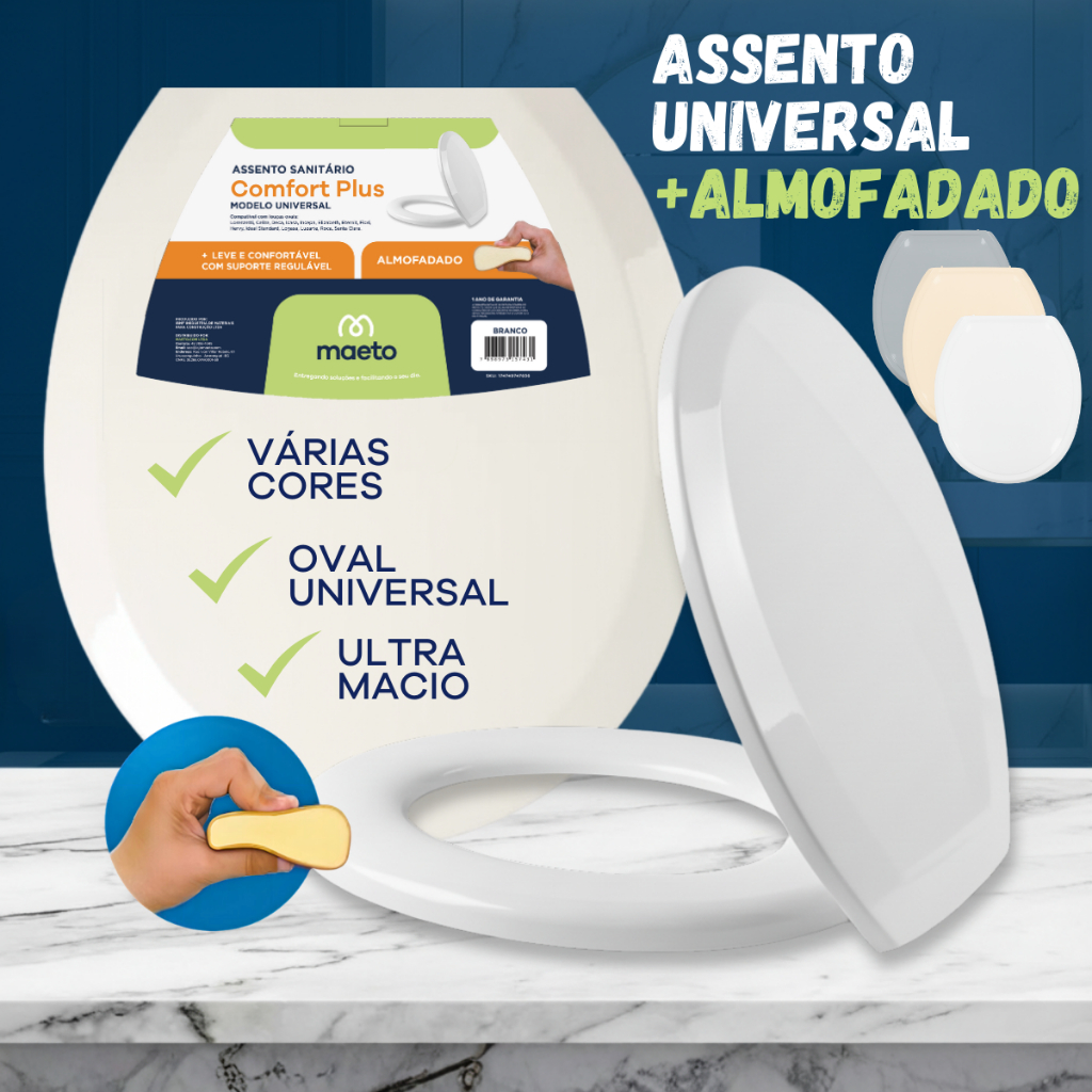 Assento Sanitário Tampa de Vaso Oval PLUS Confortável Universal Macio Fofinho Branco Bege Cinza