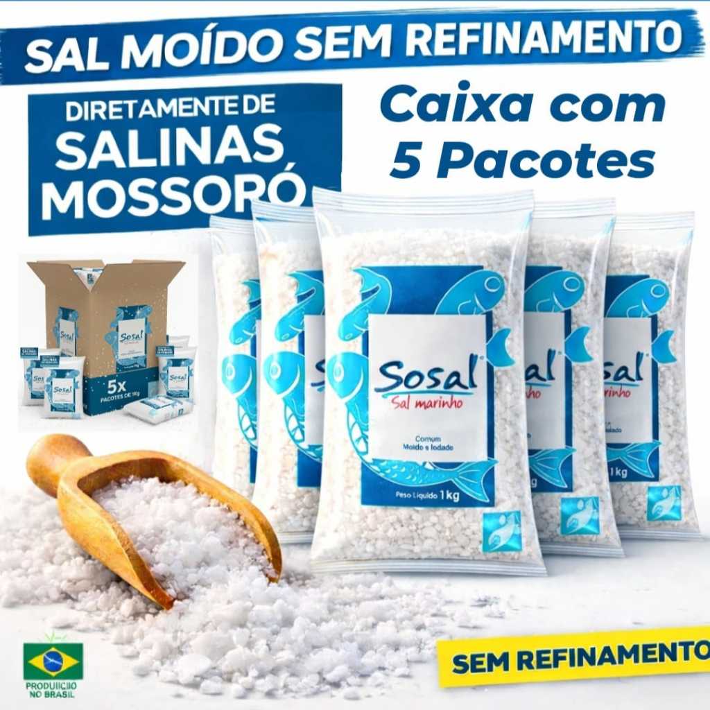 Caixa com 5 pacotes de Sal Marinho Moído 1 kg cada - Sal de Mossoró Sem Refinamento Sosal
