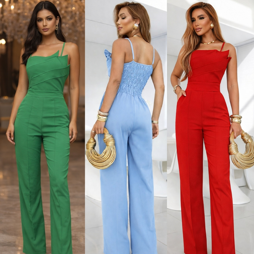 Macacão Longo Feminino Elegante Pantalona Alfaiataria Com Alça Lastex nas Costas e Bojo Para Festa Verão Roupa Feminina