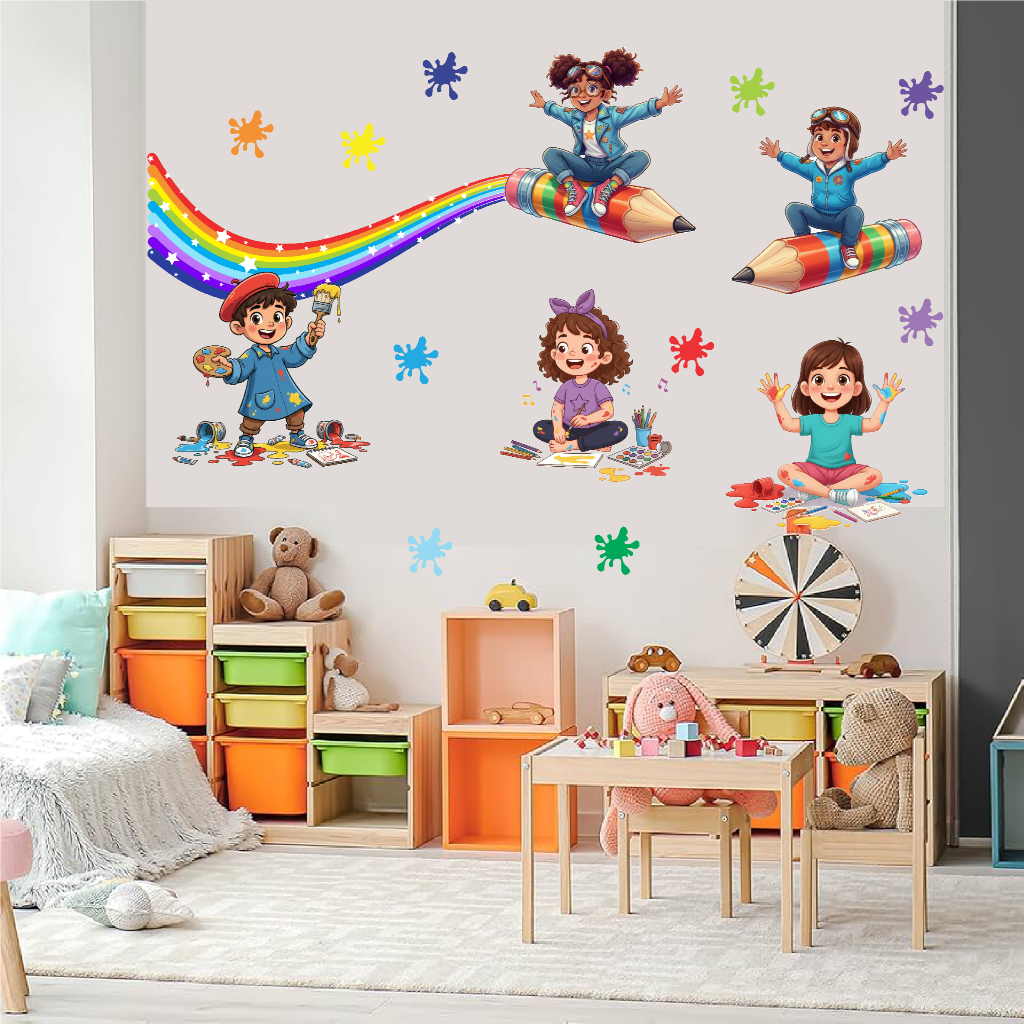 Adesivo Decorativo Infantil – Crianças Artistas e Lápis Voador com Arco-Íris sala escolar menino e menina em Oferta na Shopee