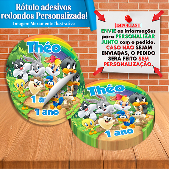 Adesivos Redondos e Quadrados Personalizados Baby Looney Tunes