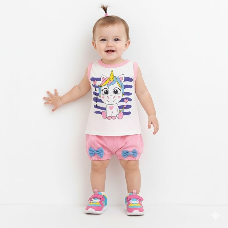 Conjunto Bebê Regatinha e Shortinho Temático Unicórnio Menina