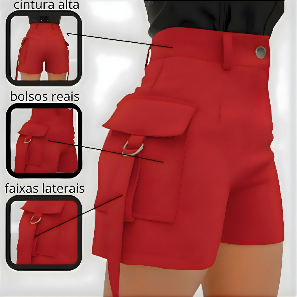 Short Feminino Cintura Alta Cargo Alfaiataria Bolso Grande Look Verão em Oferta na Shopee