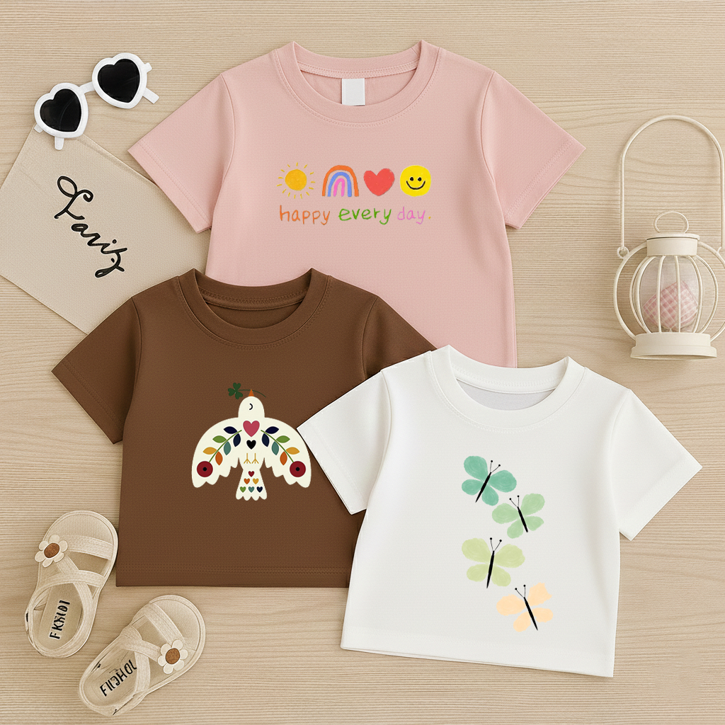 Kit 3 Camiseta Infantil Básica Verão Borboleta Pássaro Blusa Minimalista Tropical Lançamento