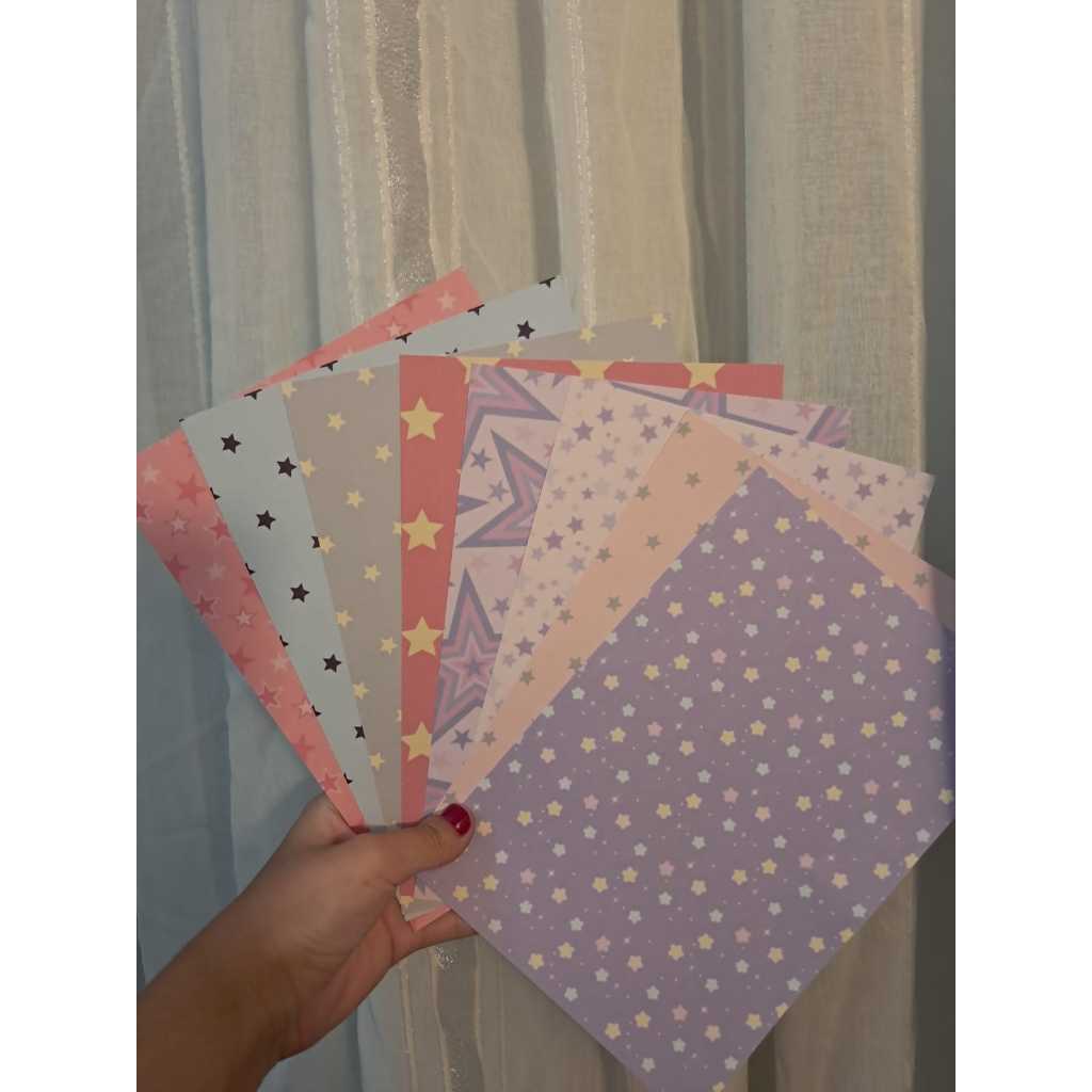 Kit 8 Papéis Decorados Estrelas 180g – Estampas A5 para Scrapbook, Journal