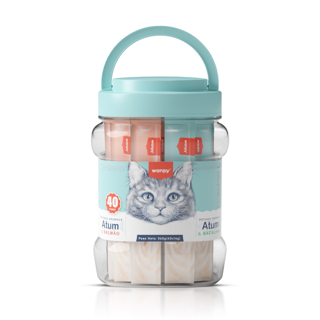 Truly Wanpy Petisco Creamy Sortidos para Gatos Sabor Atum e Salmão + Atum e Bacalhau Pote 40 Tubos 560g