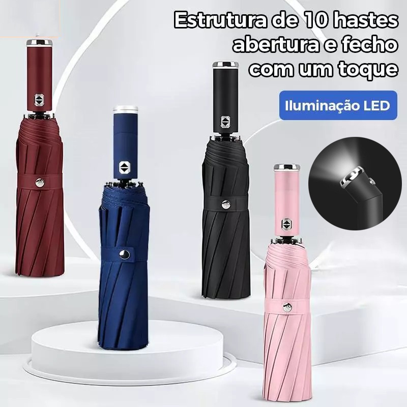 Guarda-Chuva Masculino LED Rotativo Automático - Preto com Bloqueio UV e Lanterna