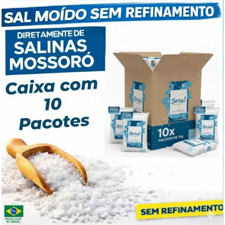 Caixa com 10 pacotes de Sal Marinho Moído 1 kg cada - Sal de Mossoró Sem Refinamento Sosal em Oferta na Shopee