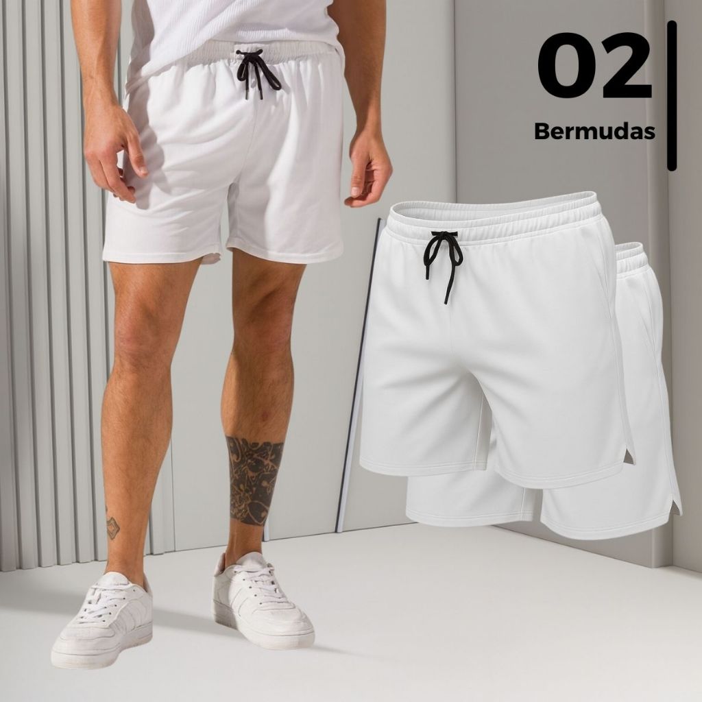 Kit 2 Bermudas Shorts Masculino 2 em 1 Compressão Bolso Interno Cordão Ajustável Tecido Respirável