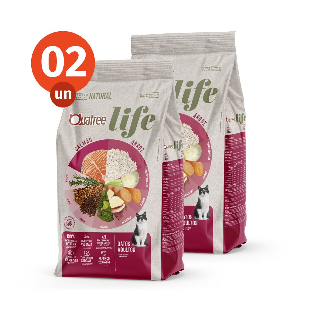 Kit 2 Ração Quatree Life Gatos Adultos Sabor Salmão e Arroz 10,1Kg