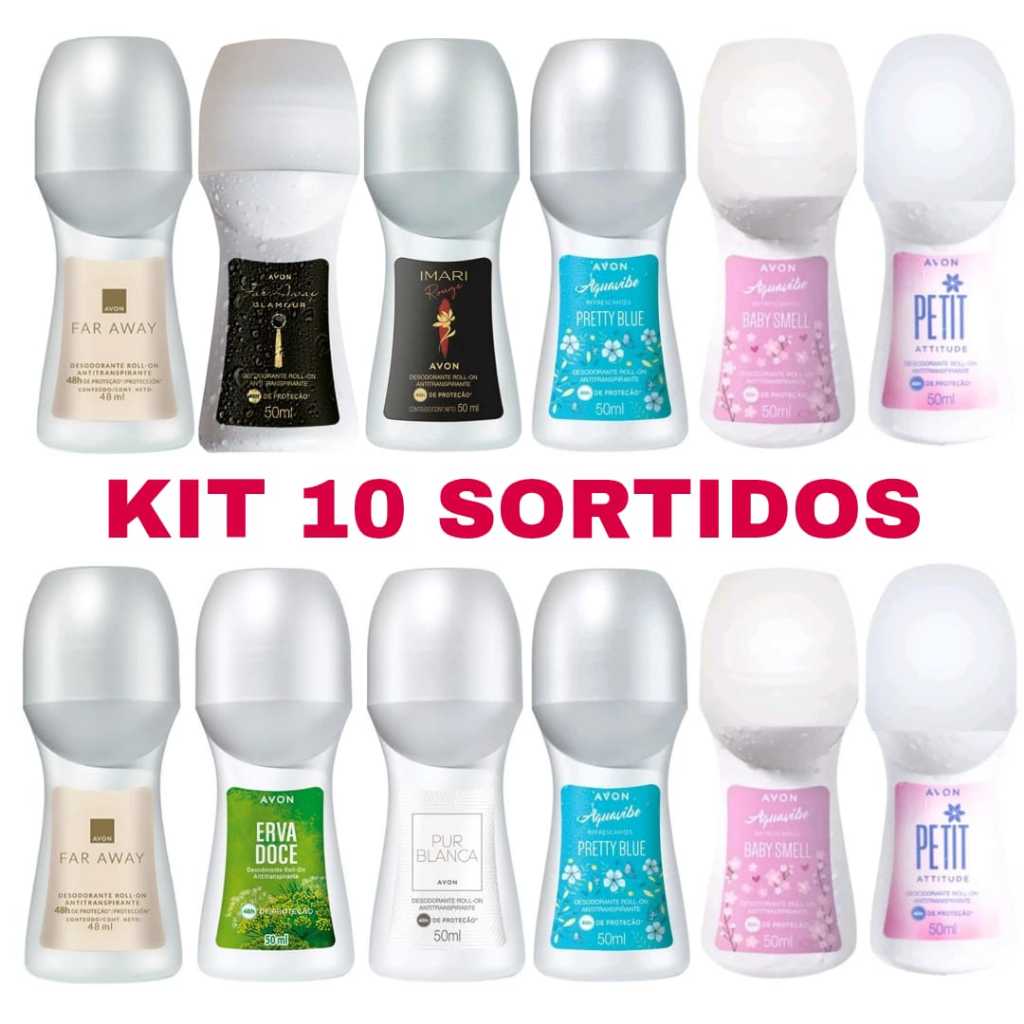 Kit com 10 Roll-on Feminino Sortido: Far Away Erva Doce Baby Smell Pretty Blue Pur Blanca Imari Lov U - Desodorante Avon