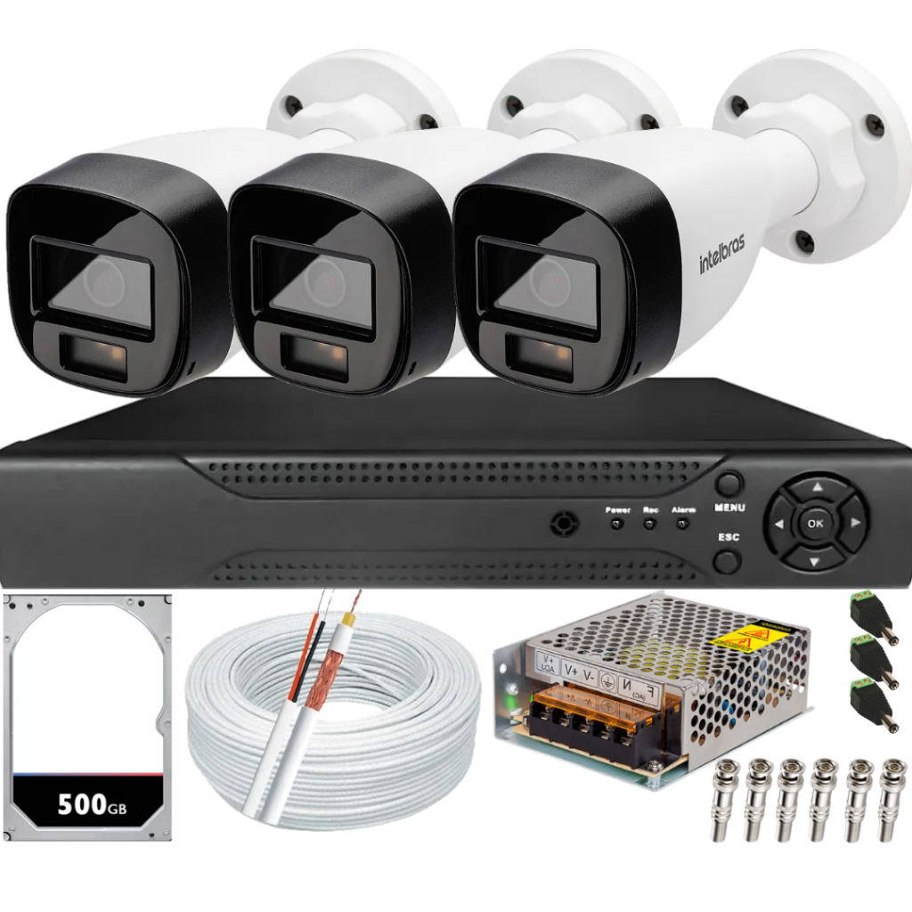 Kit CFTV 3 Câmeras Intelbras 1120b Full Color Dvr 04 Canais Alta Performance Acompanha Hd 500gb Completo