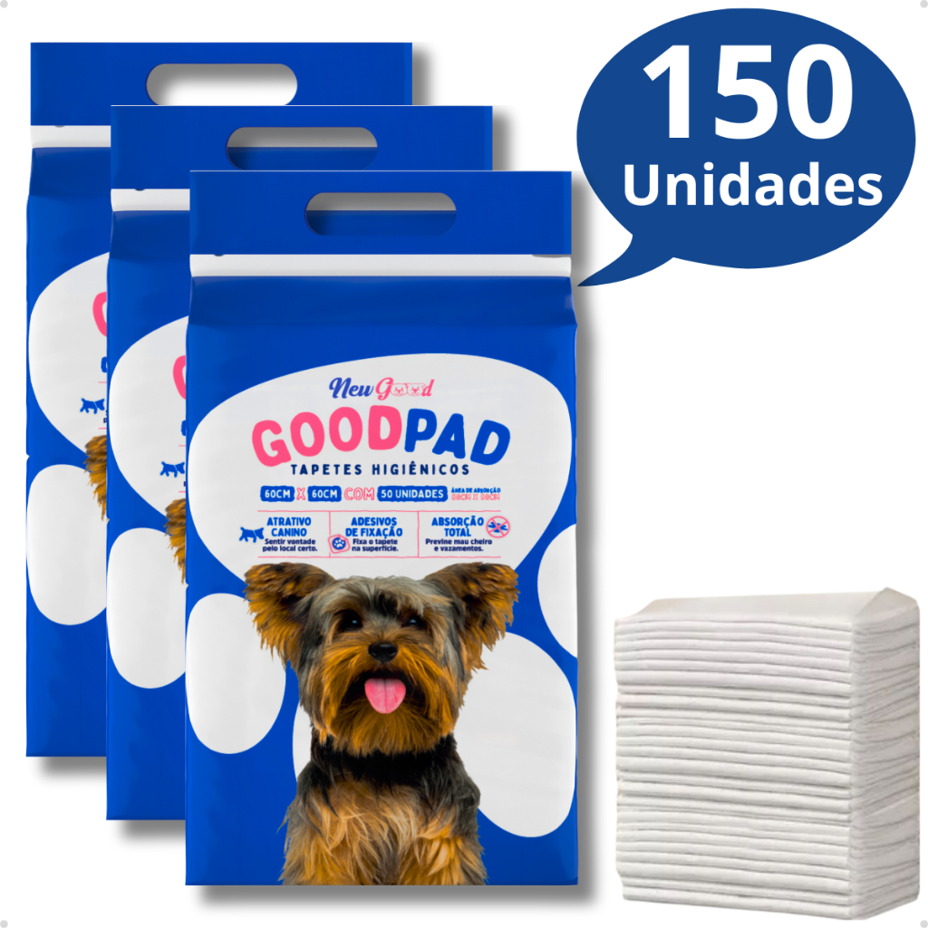 Kit 3 apete Higiênico Descartável Alta Absorção Premium para Cachorro GoodPad 60cm x 60cm 50 Un