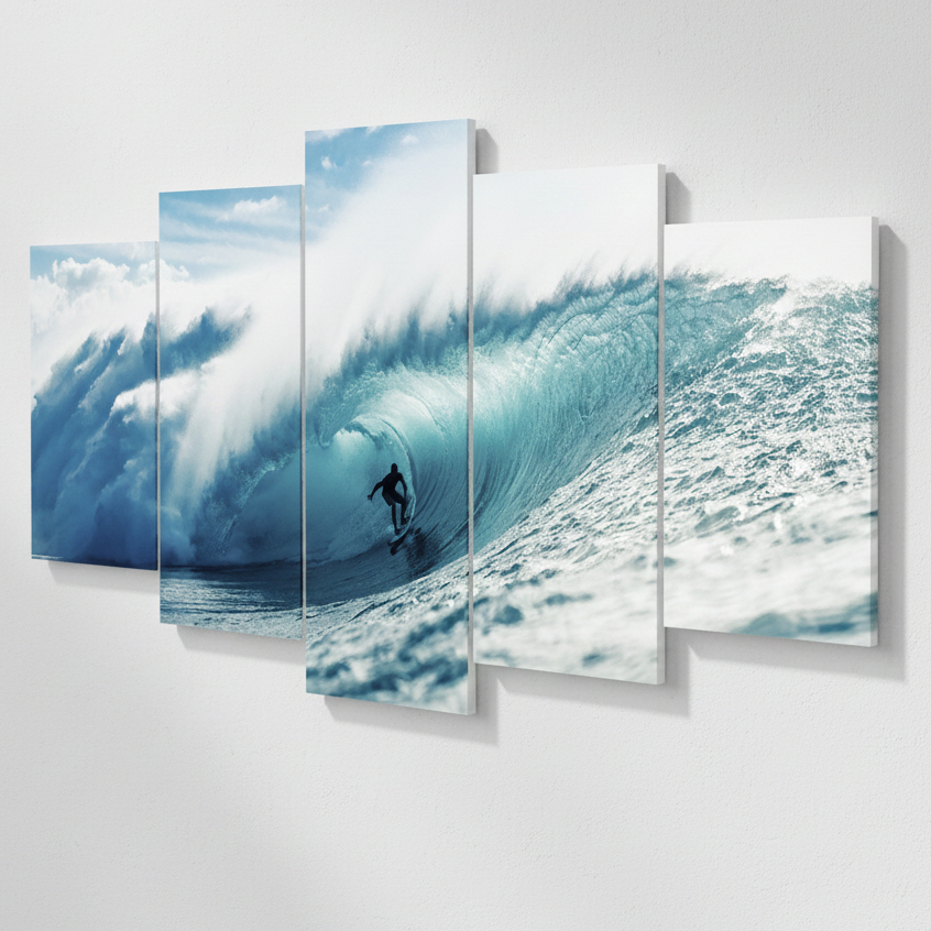 Quadro Decorativo Mosaico 5 Peças Surf no Mar Onda Praia Esporte Aquatico Paisagem Sala Quarto Hall