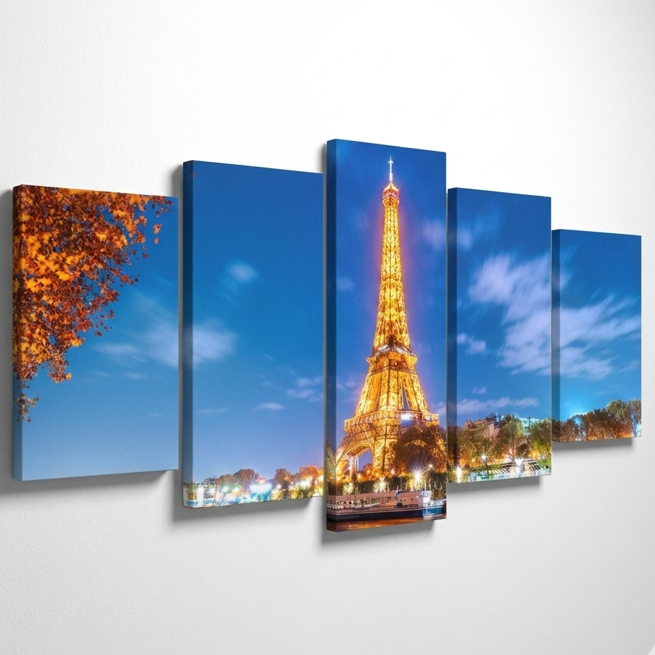 Quadro Decorativo Mosaico 5 Peças Torre Eiffel Iluminada Sala Quarto Hall Paris Paisagem