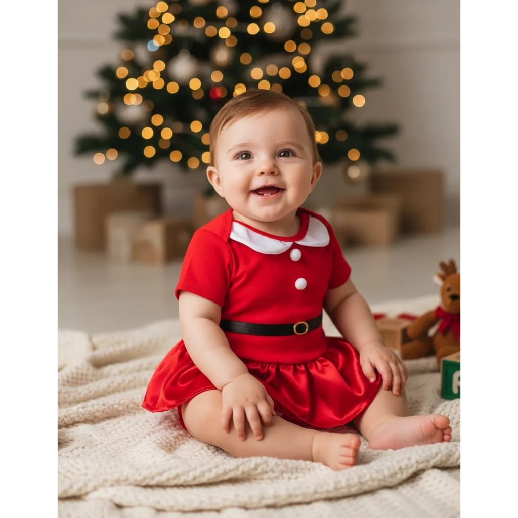 Body Natalino Jardineira Roupa Bebê Menina Festa De Natal Mamãe Noel Com Gorro