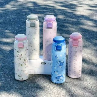 Garrafa Térmica em Aço Inox, Estampa Floral 3D em Alto Relevo, com Alça e Canudo 700ml