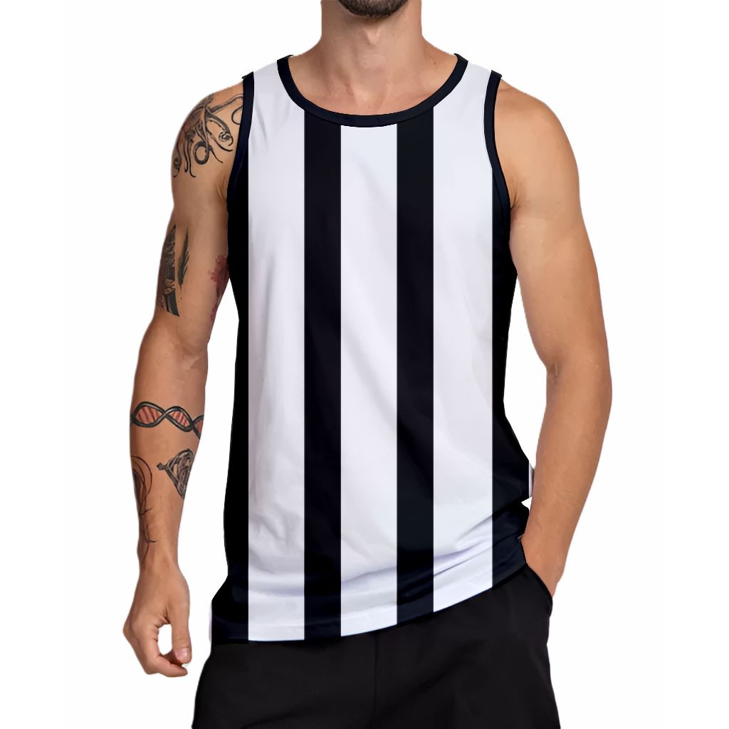 Camiseta Regata sem manga Poliéster Listras Verticais Preta e Branca em Oferta na Shopee