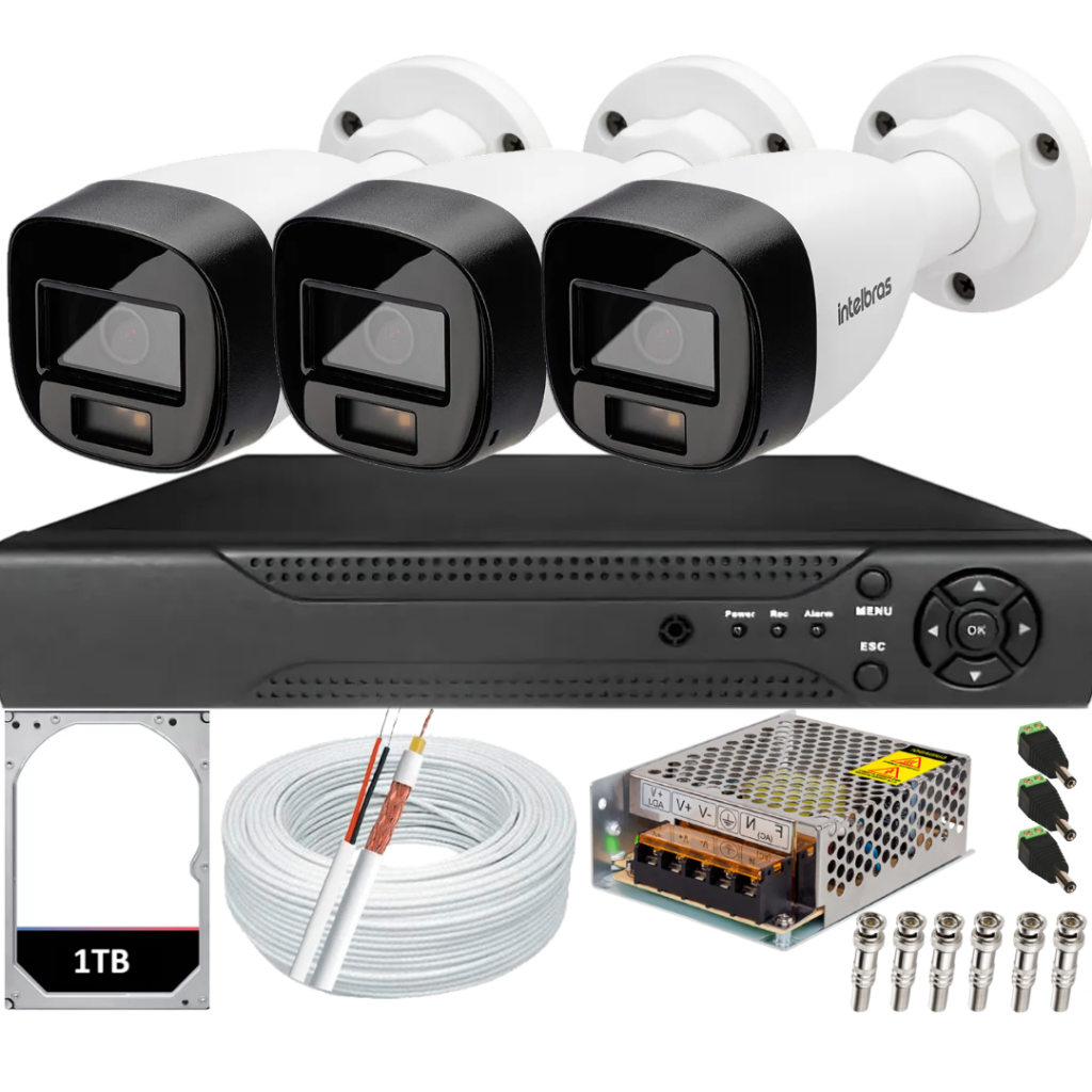 Kit 3 Câmera Intelbras Full Color 1120b Dvr 04c Hd 1Tb Instalado No Dvr Completo