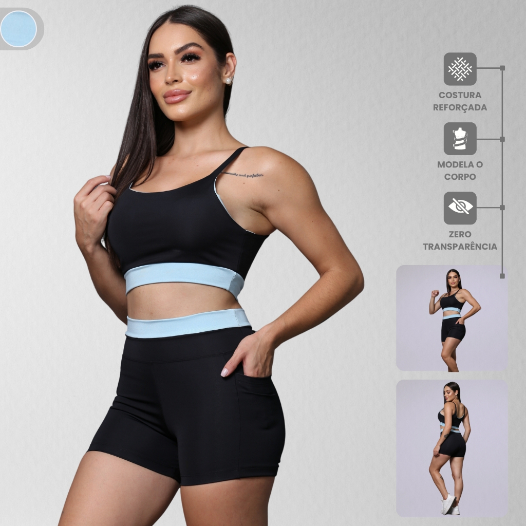 Conjunto Academia Feminino Com Bolso Suplex com Detalhe Zero Transparência Fitness Treino Corrida