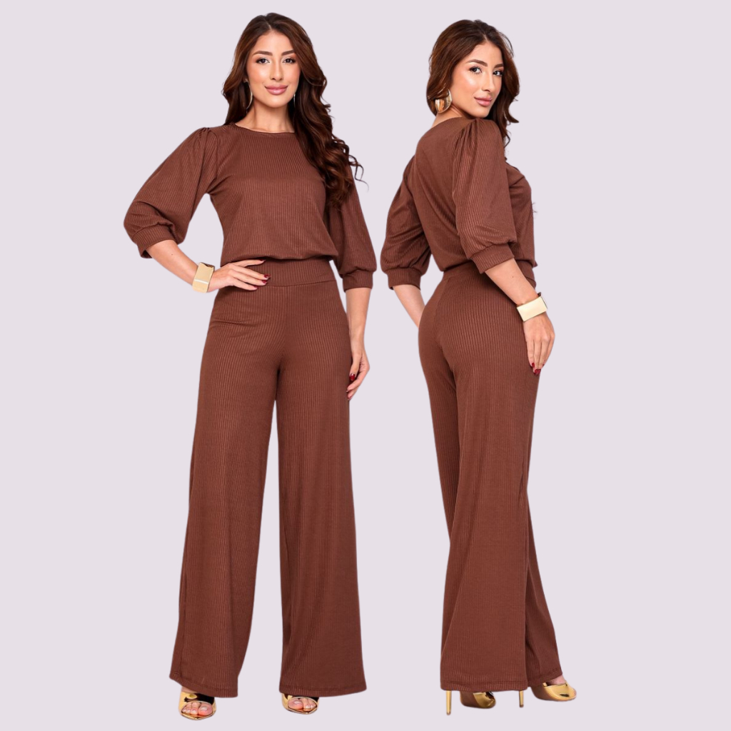 Conjunto Feminino Calça Soltinha Blusa Manga 3/4 Bufante Elegante Casual Malha Zero Transparência Formal