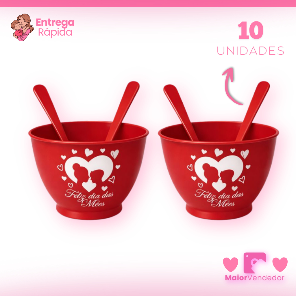 Kit 10 Cumbucas Vermelhas Feliz Dia das Mães + 10 Colheres