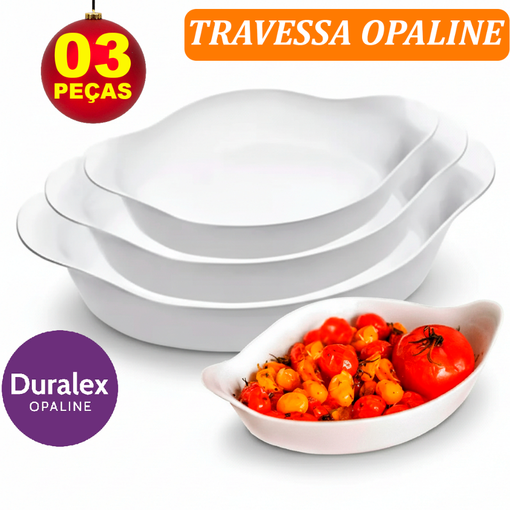 Kit Jogo de Assadeiras Opaline Oval de Vidro Temperado vai ao Forno 3 peças Resistentes brancas