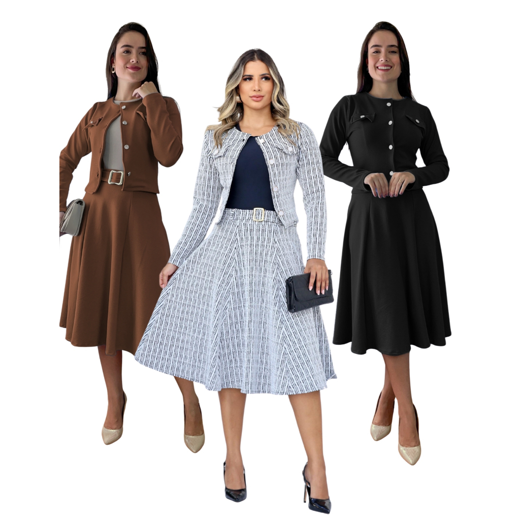 Conjunto Feminino Jaquar Premium  3 Peças Blazer+ Saia 360°+ Cinto & Botão Funcional Moda Evangélica em Oferta na Shopee