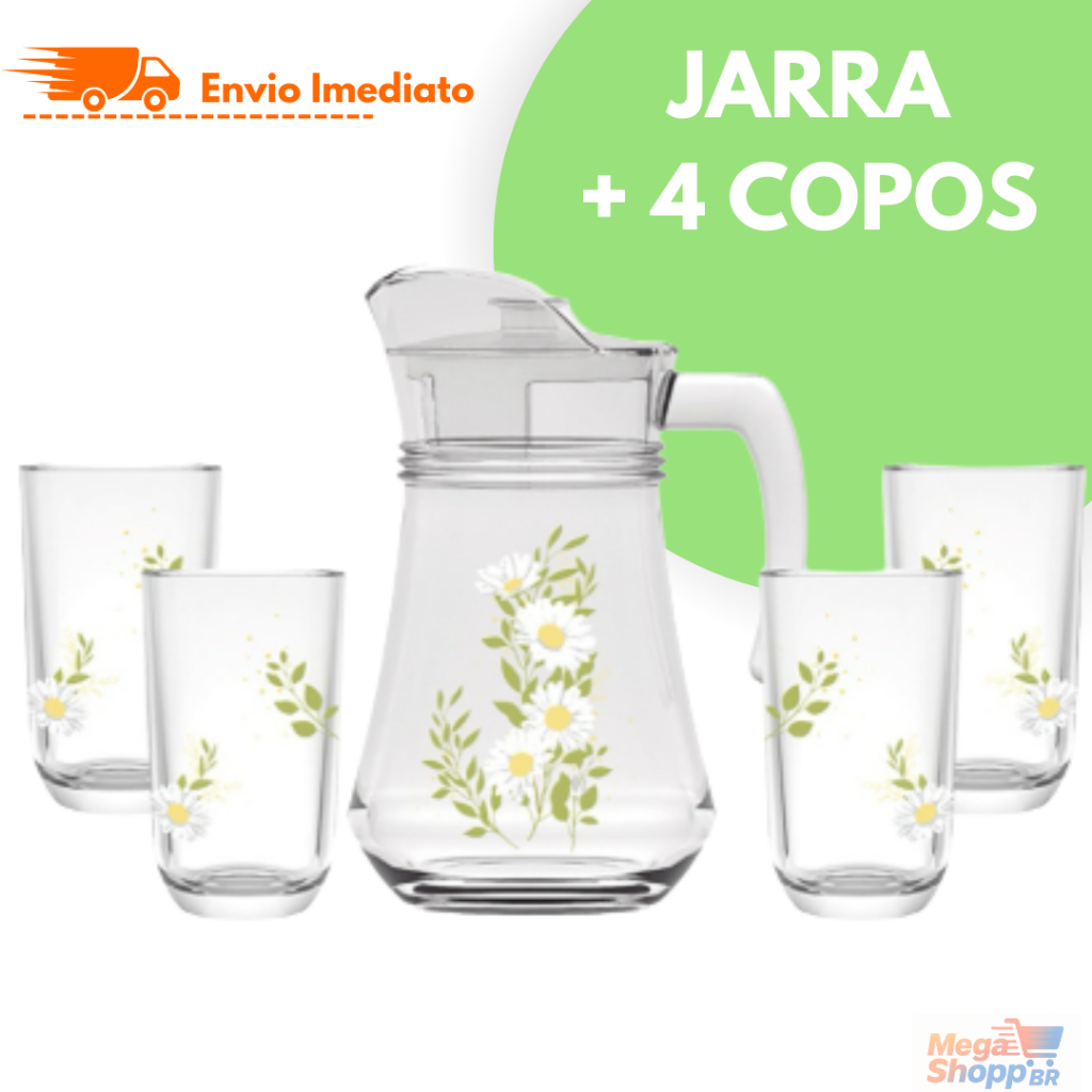 Kit Jarra 1,35 Litros Com Tampa + 4 Copos de Vidro Resistente 3 Modelos Disponíveis Elegante em Oferta na Shopee