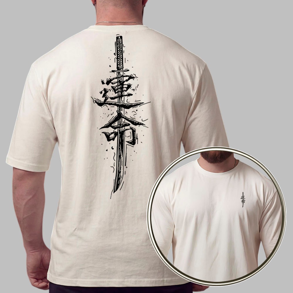 Camiseta Masculina 100% Algodão Camisa Oversized Katana Samurai Minimalist Oriental Streetwear Urban