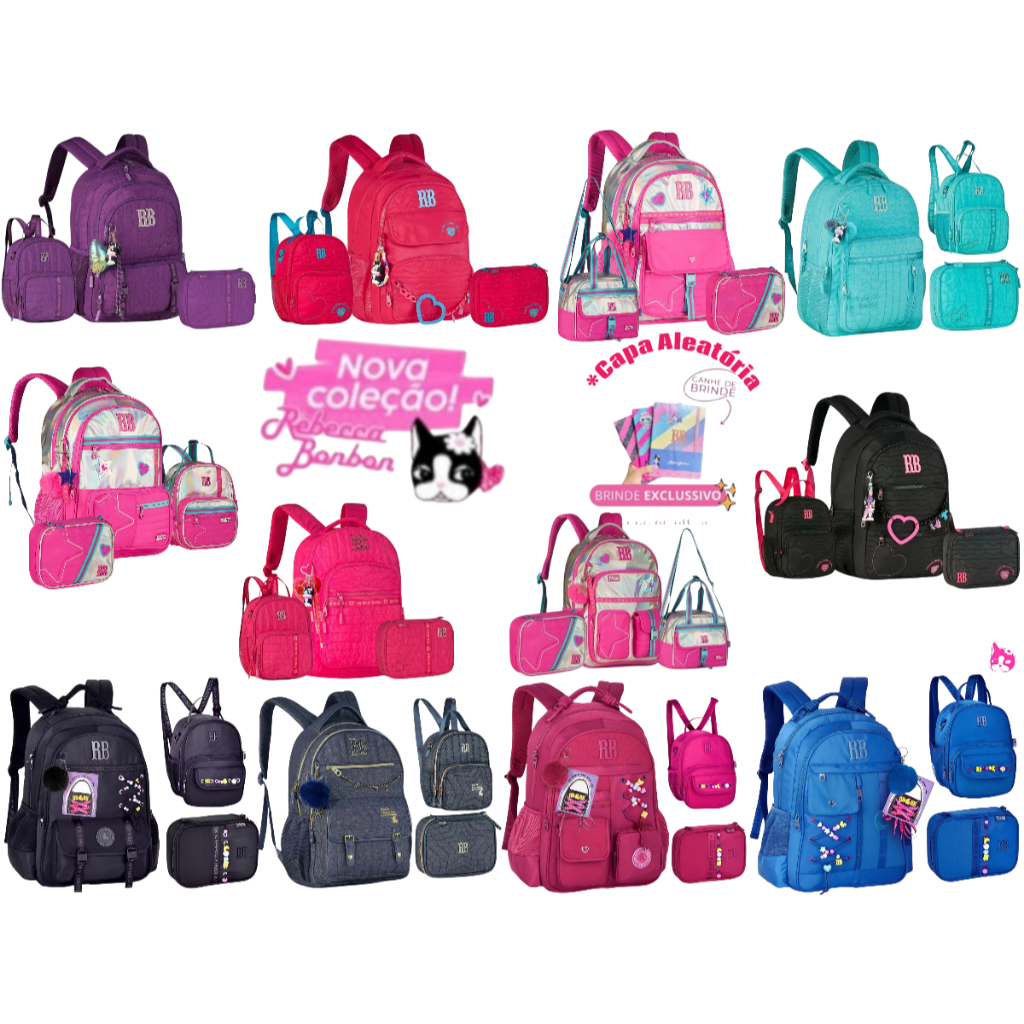 Kit Mochila RB Rebecca Bonbon Escolar Lancheira Estojo Notebook +brinde caderno capa aleatória Resistente Lançamento