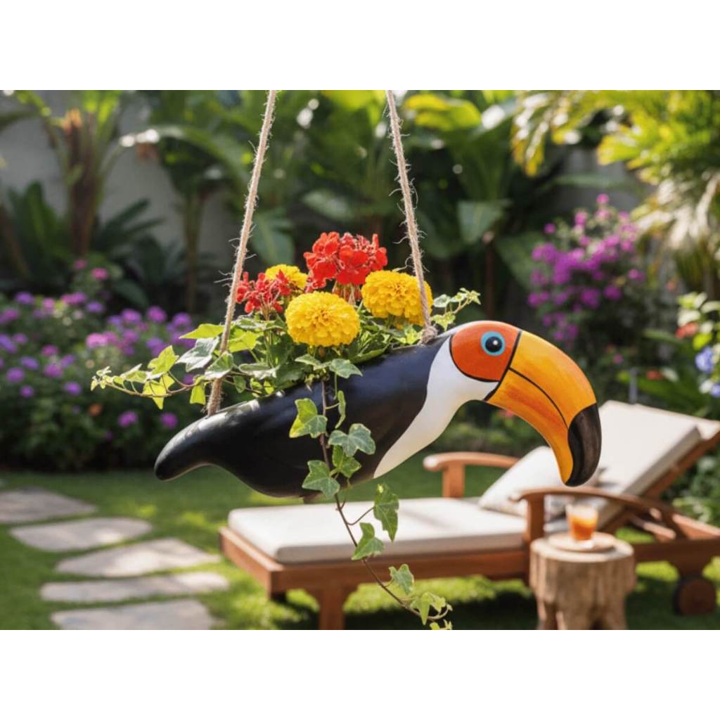 VASO TUCANO CACHEPOT EM CERÂMICA PARA PENDURAR PINTADO A MÃO