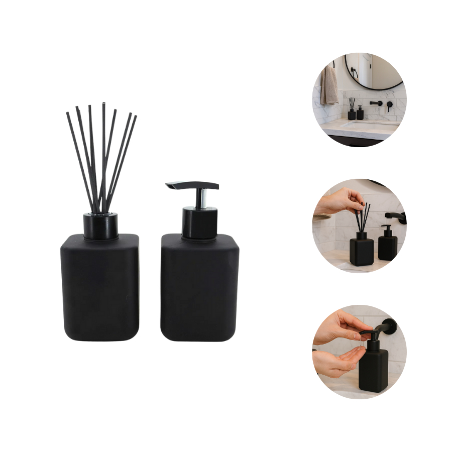 Kit Lavabo Texas Preto Fosco Difusor De Ambiente E Saboneteira 250ml Válvula luxo preto