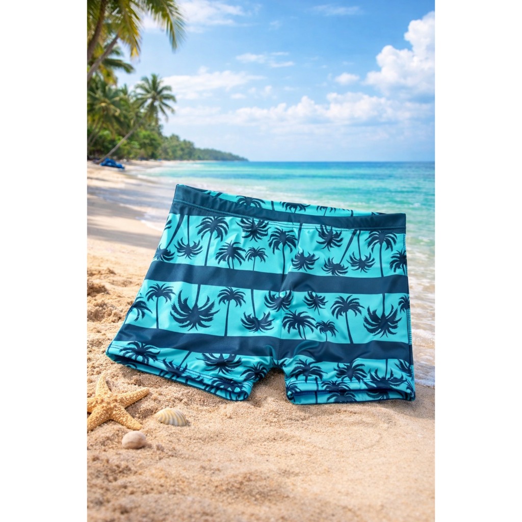 Sunga Boxer Box Infantil Juvenil Estampa Coqueiro Azul com Forro Proteção Uv50 Menino para Piscina Praia Natação