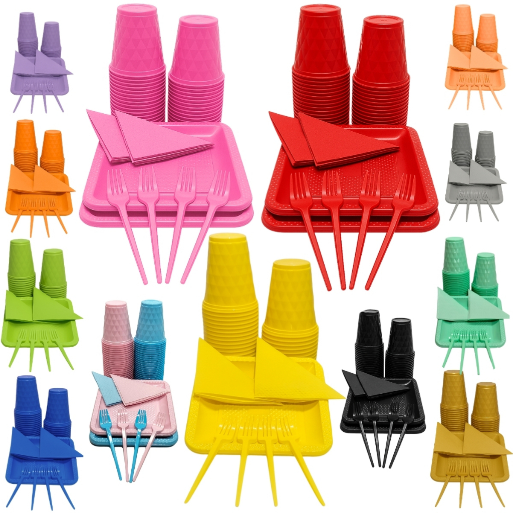 kit 230 Item Descartável Festa Aniversário Completo Colorido Candy P/ 50 Pessoas Copo Prato Garfinho