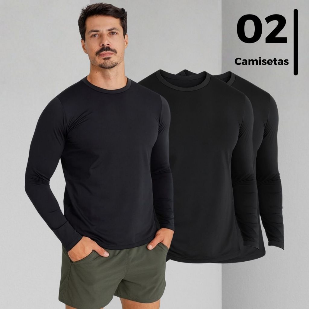 Kit 2 Blusa Masculina Dry Fit Proteção UV 50+ Manga Longa Leve Academia Esportes Tendência Verão