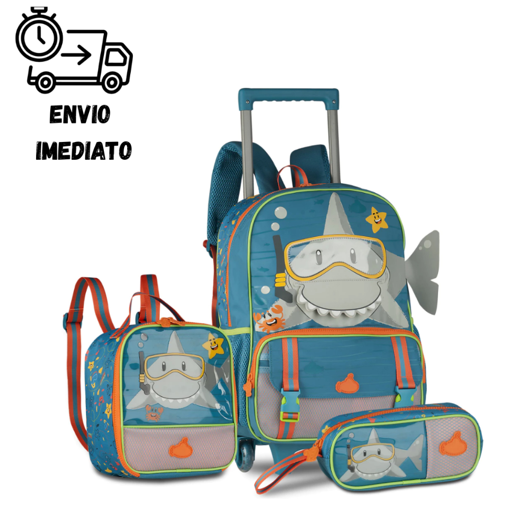 Kit Mochila de Rodinhas Tubarão Infantil Escolar Lancheira Estojo Menino Clio em Oferta na Shopee