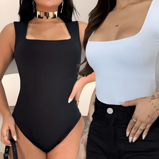 kit 2 Body Feminino Collant Regata Suplex Decote Quadrado Forrado Casual Confortável Moda Elegante
